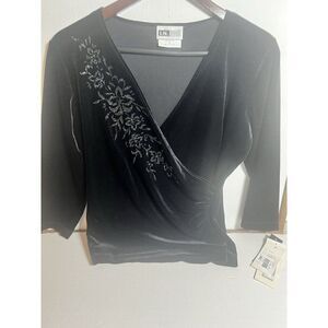 NWT Vintage Y2K Shirt Womens Medium Black Velvet Faux Wrap Whimsy Witchy.    T